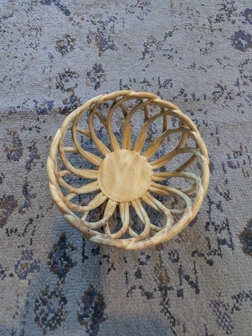 Vintage UNIQUE Stoneware Woven Basket Off White Speckle Pattern 7.5